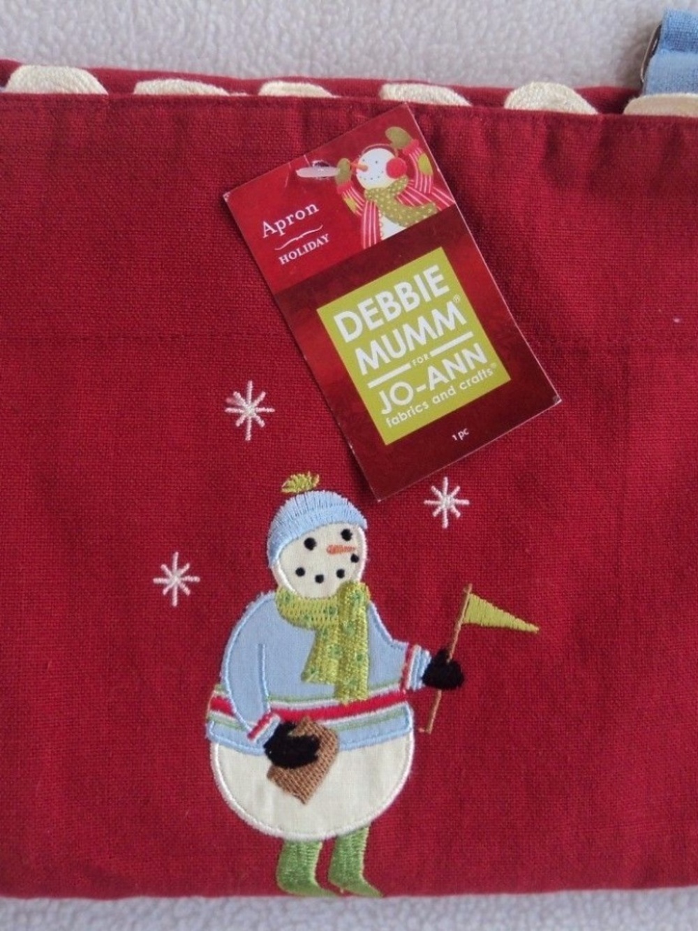 Christmas Debbie Mumm Snowman Red Hostess Apron Red Blue Rick Rack Holiday NEW